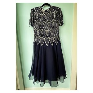 Laurence Kazar Vintage Navy with Silver Beads Sequins Dress Petite Medium